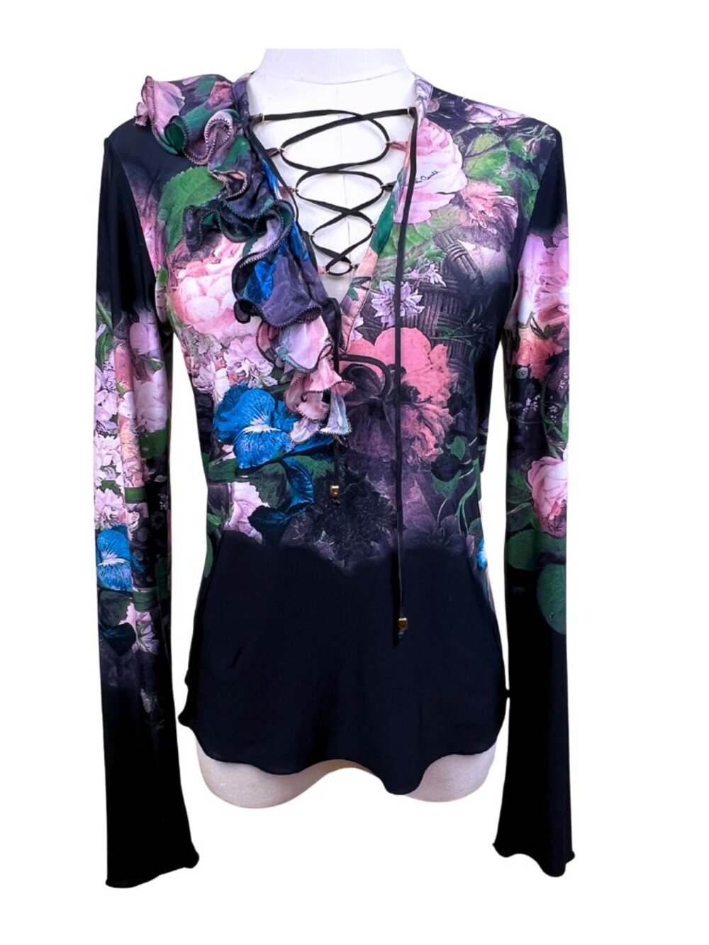 Roberto Cavalli 2004 Floral Lace-Up Ruffle Top Dark Floral Stretch Sz M